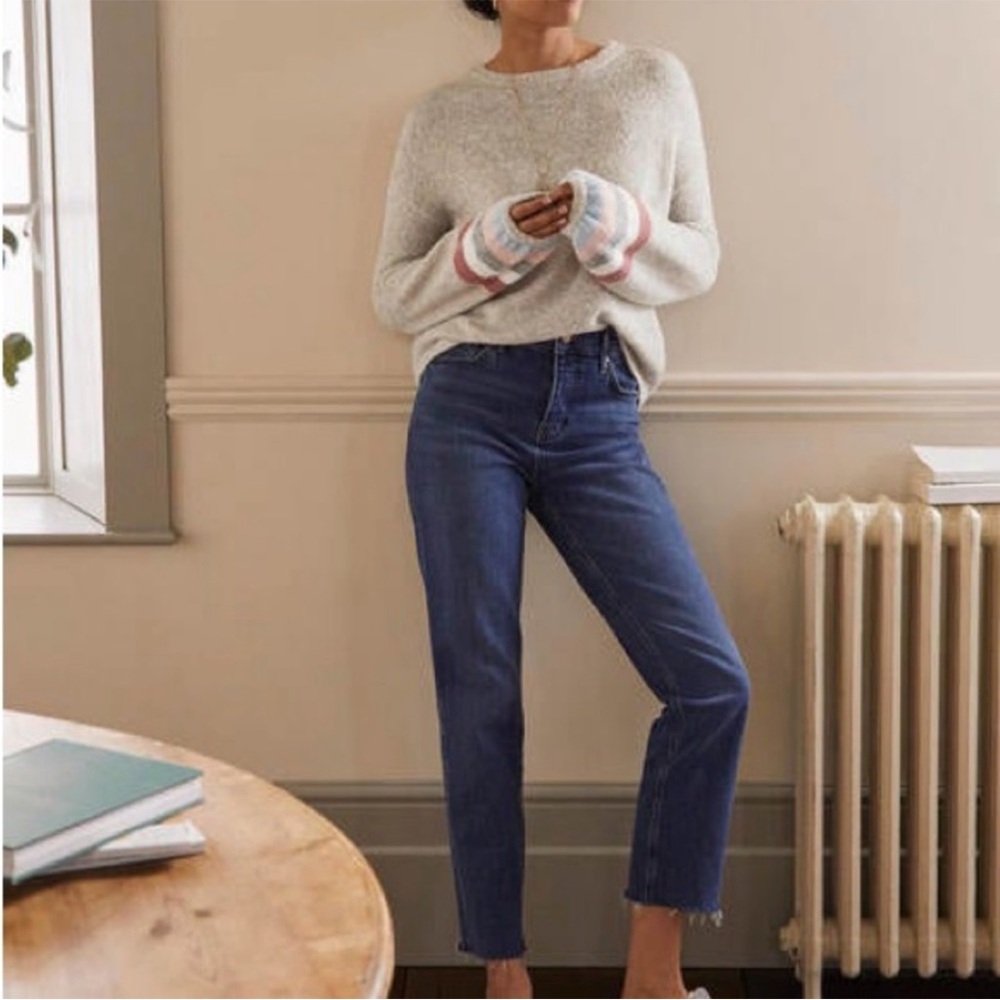 Boden Light Gray Crewneck Sweater with Pink & Blue Cuff Stripes - Picture 4 of 9